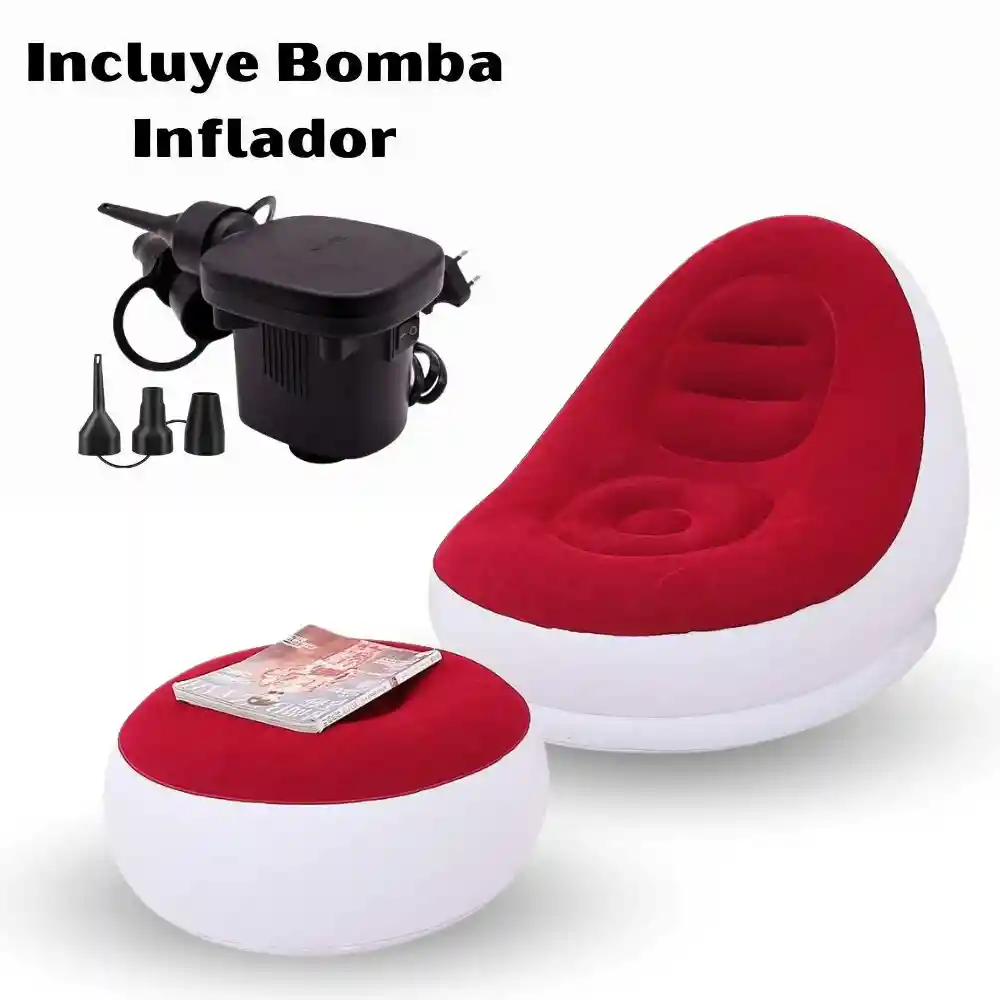 Sofa Sillon Inflable Con Posapies Portatil + Bomba Inflador Rojo Con Blanco