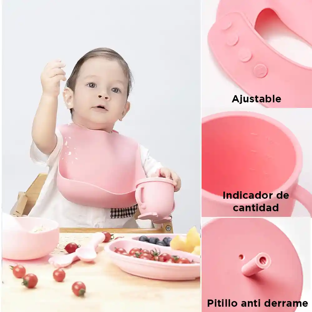 Set 7 Piezas Vajilla Alimentacion Silicona Para Bebe Rosado