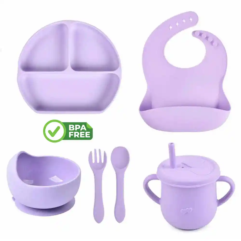 Set 7 Piezas Vajilla Alimentacion Silicona Para Bebe Rosado