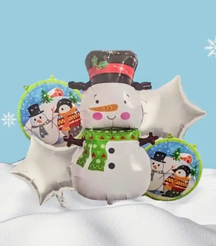 Bouquet X5 Globos Metálizados Hombre De Nieve