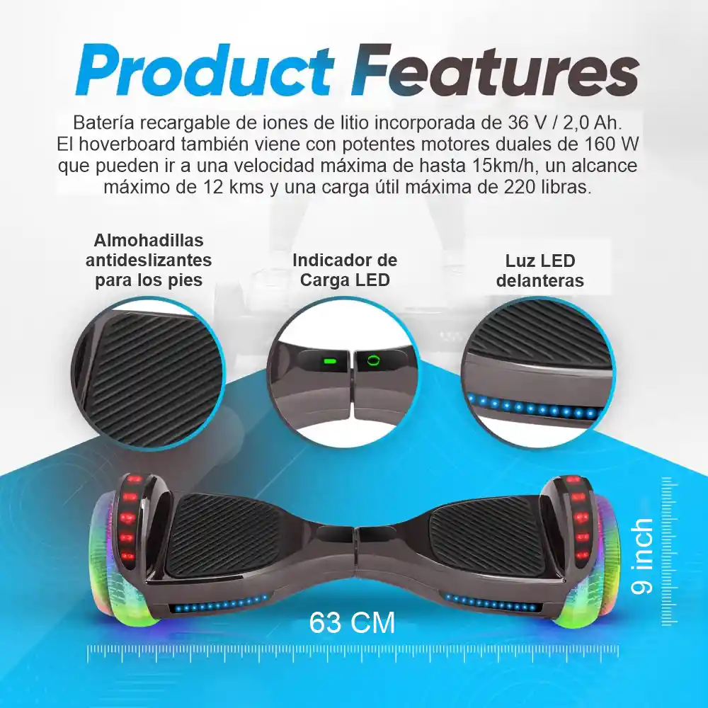 Malumeta Eléctrica Scooter Hoverboard Bluetooth Led 9 Inch