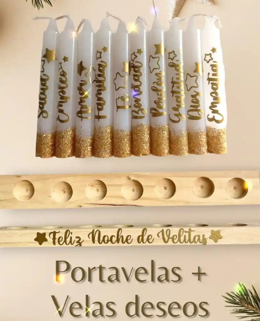 Velas Navideñas Deseos Golden + Portavelas