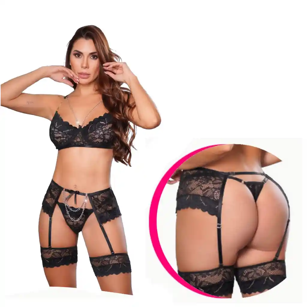 Lenceria Erotica Encaje Negro Sensual Tanga Ligueros