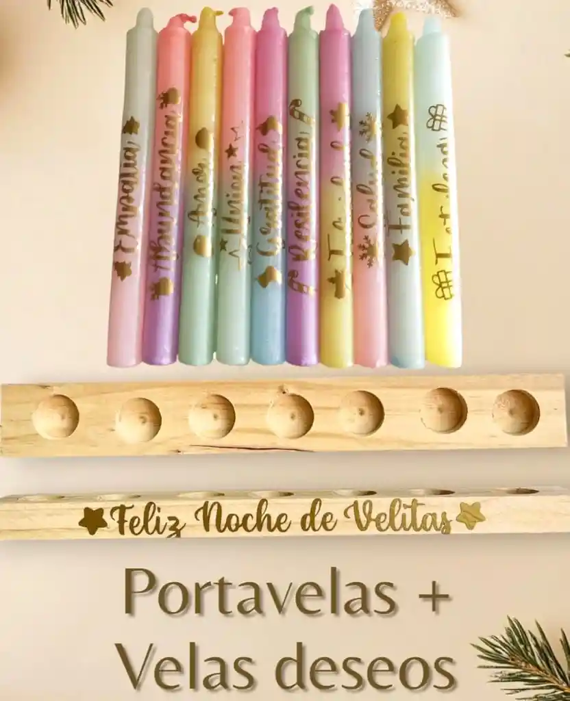 Velas Navideñas Deseos Degradé Pastel + Portavelas