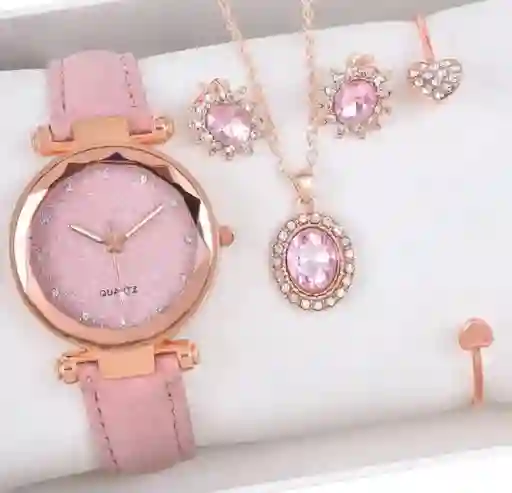 Set Reloj Para Mujer Corazones Rosa Con Collar Aretes Reloj