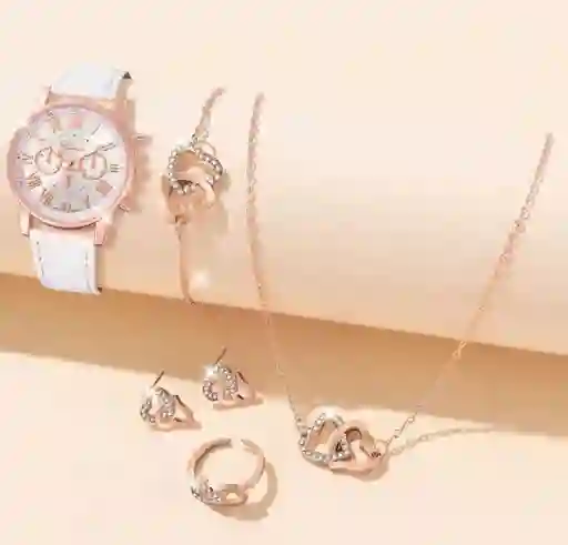 Kit Reloj Para Mujer Corazón Blanco + Collar Aretes Senc