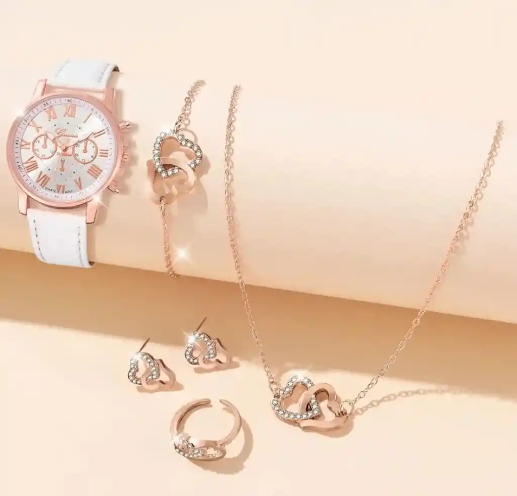 Kit Reloj Para Mujer Corazón Blanco + Collar Aretes Senc