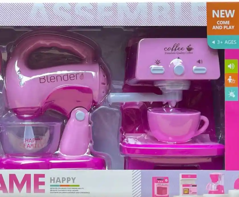 Set Juguete Cocinita Cafetera Y Batidora Electrodomésticos Color Rosa.