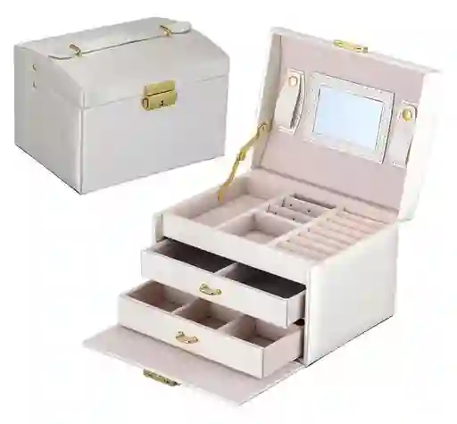 Joyero Mini Cofre 3 Niveles Con Espejo Organizador De Mesa