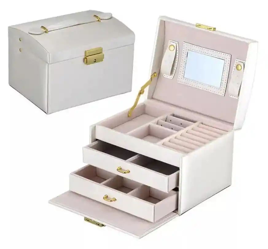 Joyero Mini Cofre 3 Niveles Con Espejo Organizador De Mesa