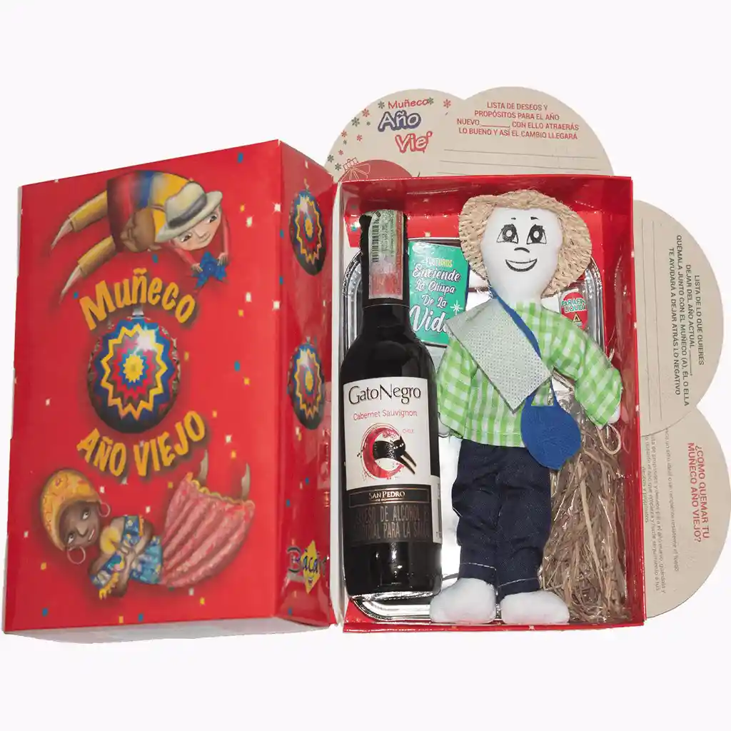 Kit 3 - Caja Roja Con Vino Paisa - Muñeco Año Viejo