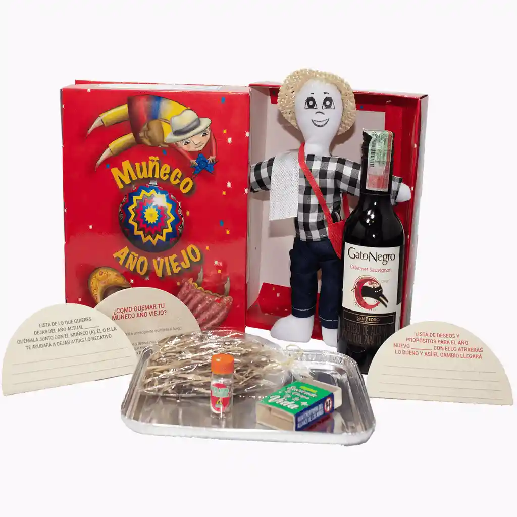 Kit 3 - Caja Roja Con Vino Paisa - Muñeco Año Viejo