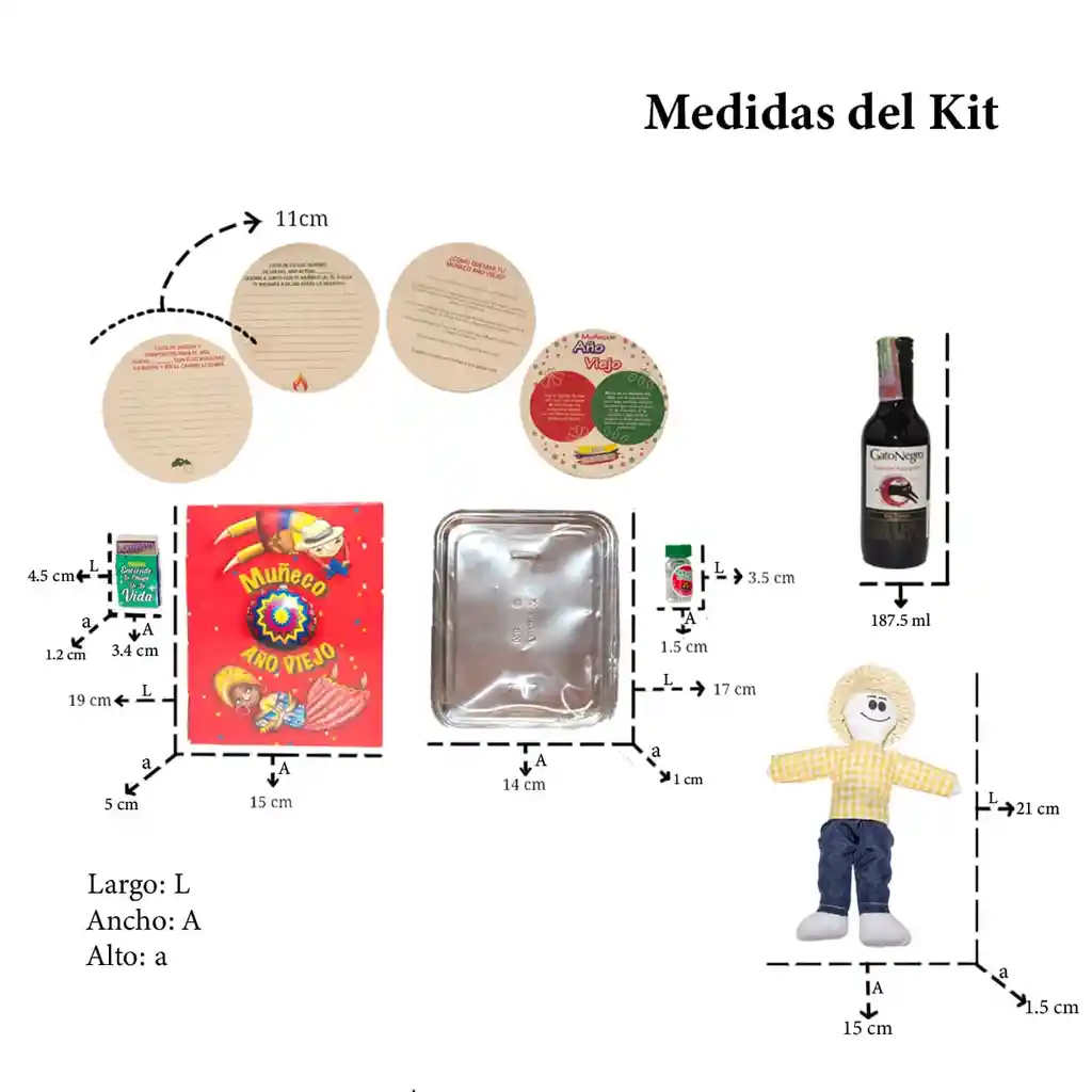 Kit 4 - Caja Roja Con Vino Tradicional - Muñeco Año Viejo