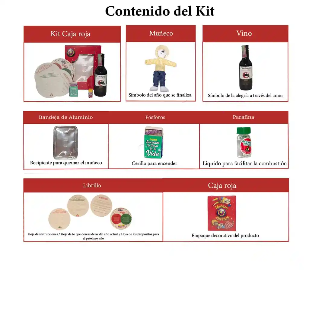 Kit 4 - Caja Roja Con Vino Tradicional - Muñeco Año Viejo