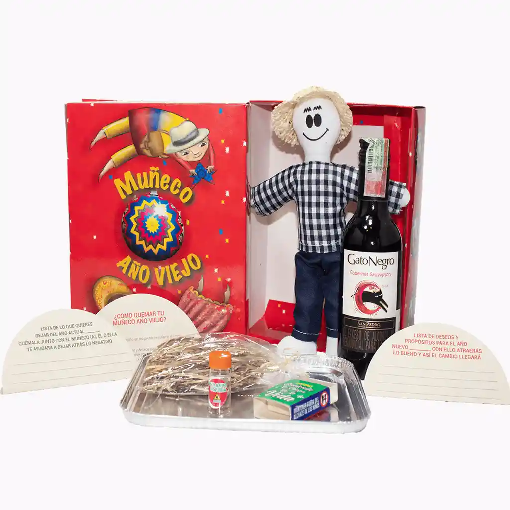 Kit 4 - Caja Roja Con Vino Tradicional - Muñeco Año Viejo