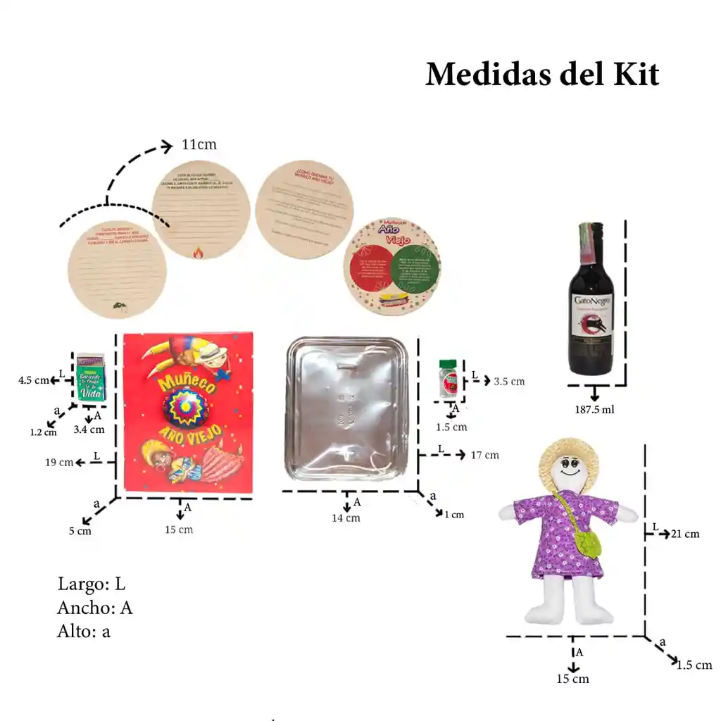 Kit 5 - Caja Roja Con Vino Muñeca - Muñeco Año Viejo