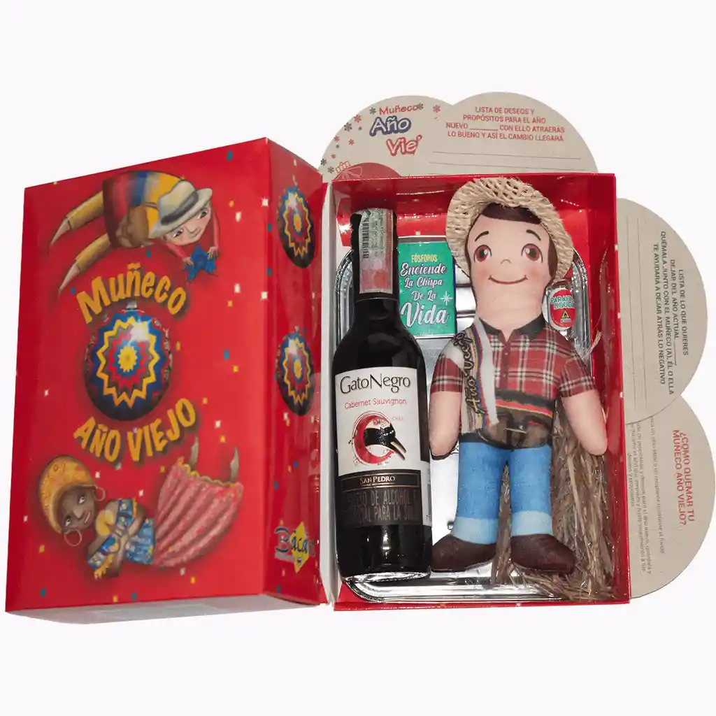 Kit 7 - Caja Roja Con Vino Sublimado - Muñeco Año Viejo