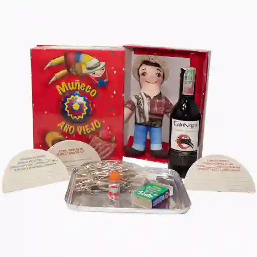 Kit 7 - Caja Roja Con Vino Sublimado - Muñeco Año Viejo