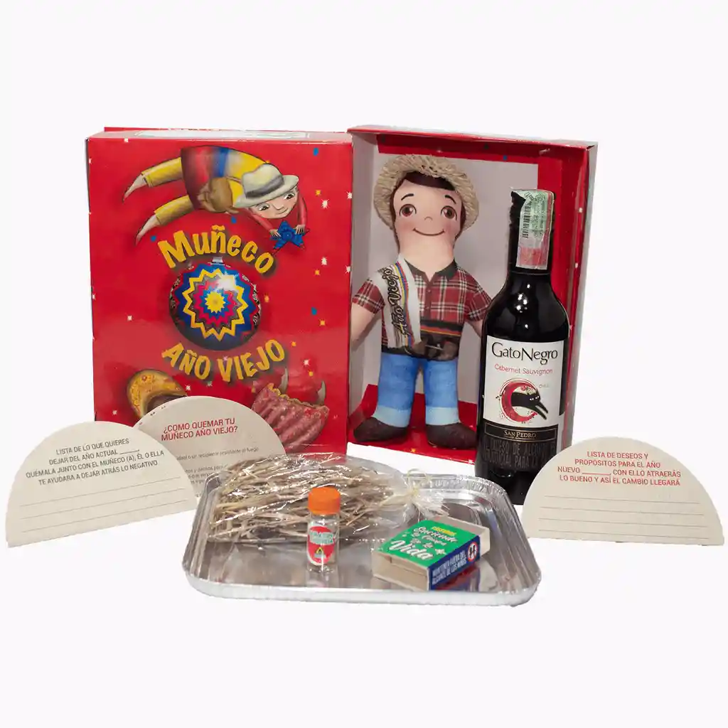 Kit 7 - Caja Roja Con Vino Sublimado - Muñeco Año Viejo