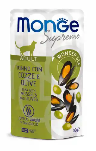 Pouch Monge Supreme Gato Adulto De Atun Con Mejillones Y Aceitunas 80g