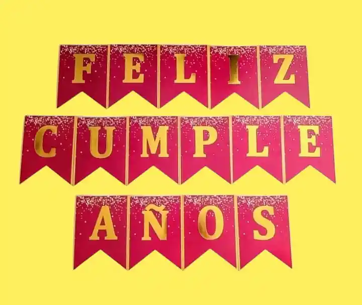 Letrero / Banderín Feliz Cumpleaños Fucsia Letras Doradas