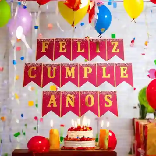 Letrero / Banderín Feliz Cumpleaños Fucsia Letras Doradas