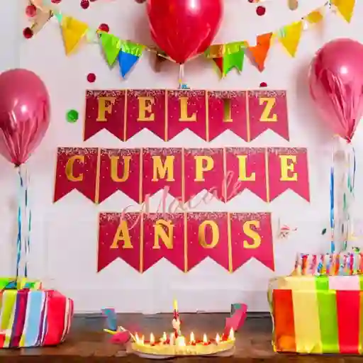 Letrero / Banderín Feliz Cumpleaños Fucsia Letras Doradas