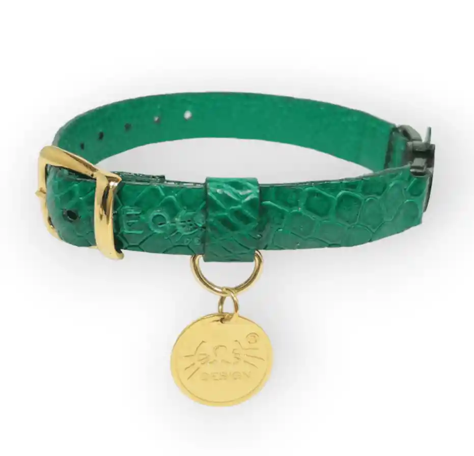 Collar Antiahogo Para Gato En Cuero Verde Serpiente