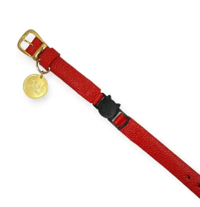 Collar Antiahogo Para Gato En Cuero Rojo Granulado