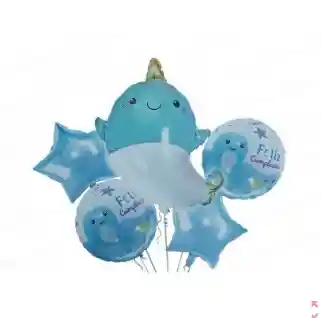 Set De Globos X5 Delfin Azul Happy Birthday