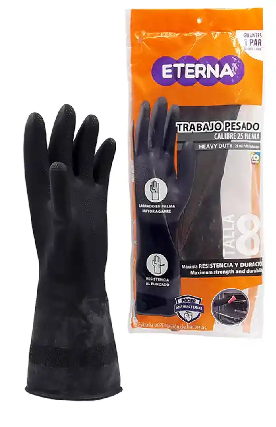 Guantes Plasticos Negros Calibre 25, Trabajo Pesado - Eterna