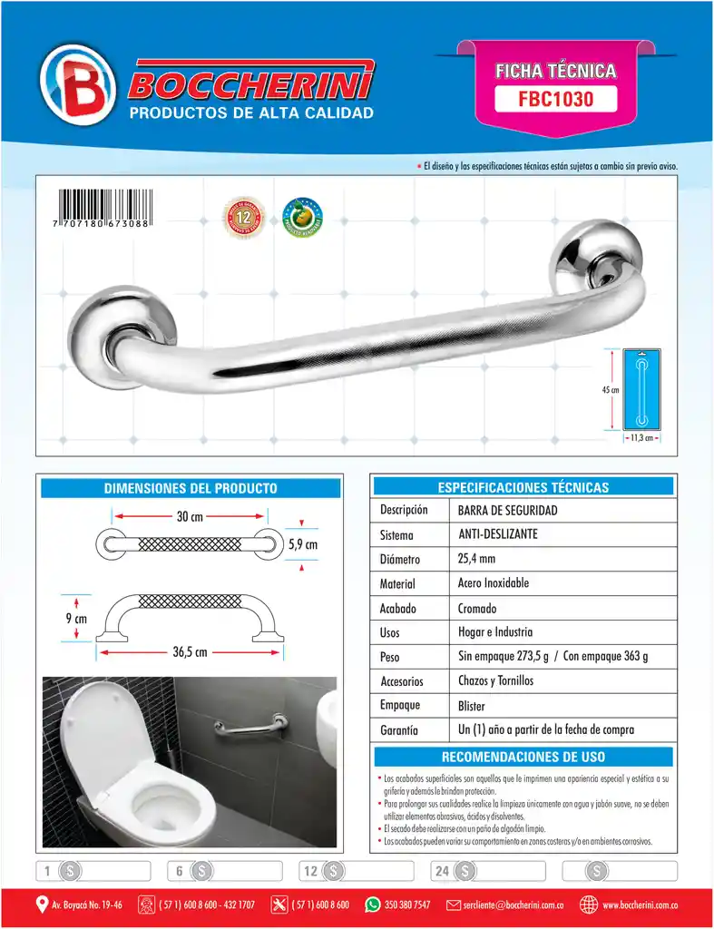 Barra De Seguridad Antideslizante De 30cm Boccherini