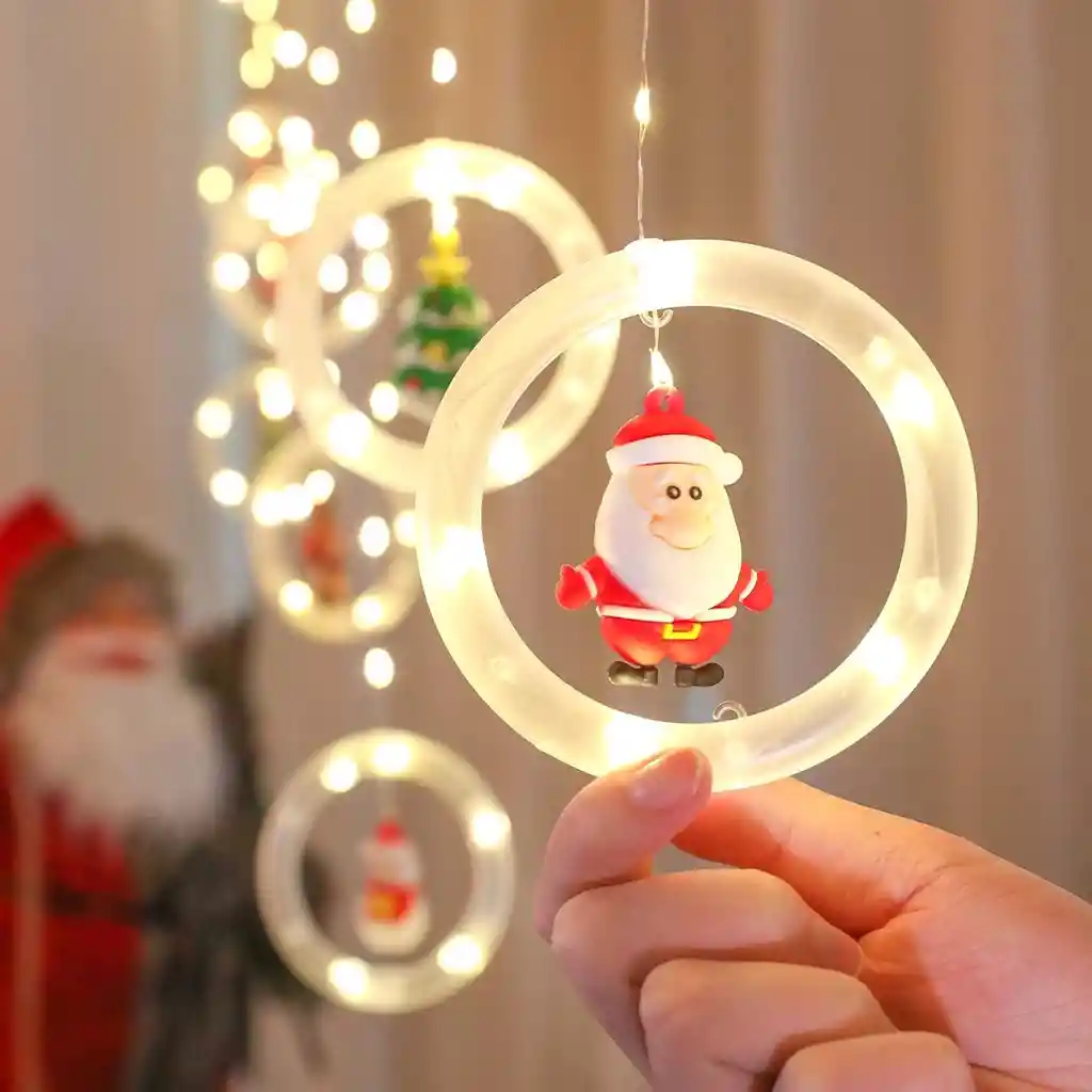 Cortina De Navidad Luz Led Cálida Luces Aros Pin Papa Noel 3m X 0.7m Decoración Navideña