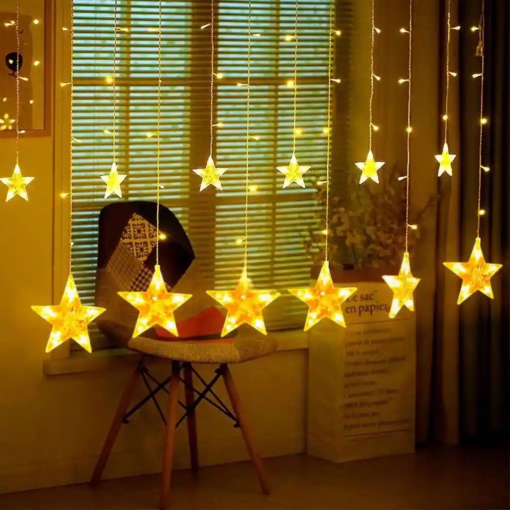 Cortina De Estrellas Navidad Luz Led Cálida 3 X 0.7 Luces Decoración Navideña