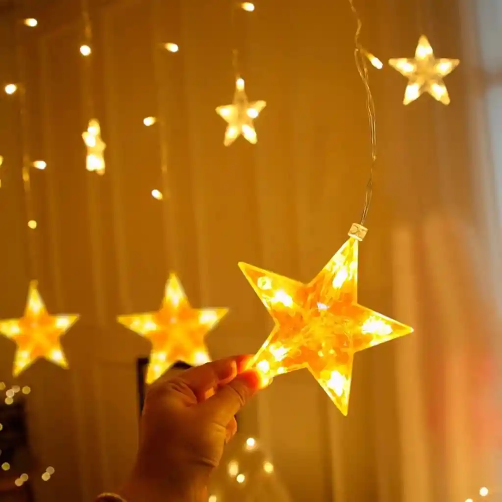 Cortina De Estrellas Navidad Luz Led Cálida 3 X 0.7 Luces Decoración Navideña