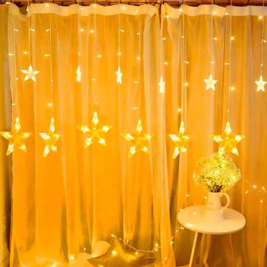 Cortina De Estrellas Navidad Luz Led Cálida 3 X 0.7 Luces Decoración Navideña