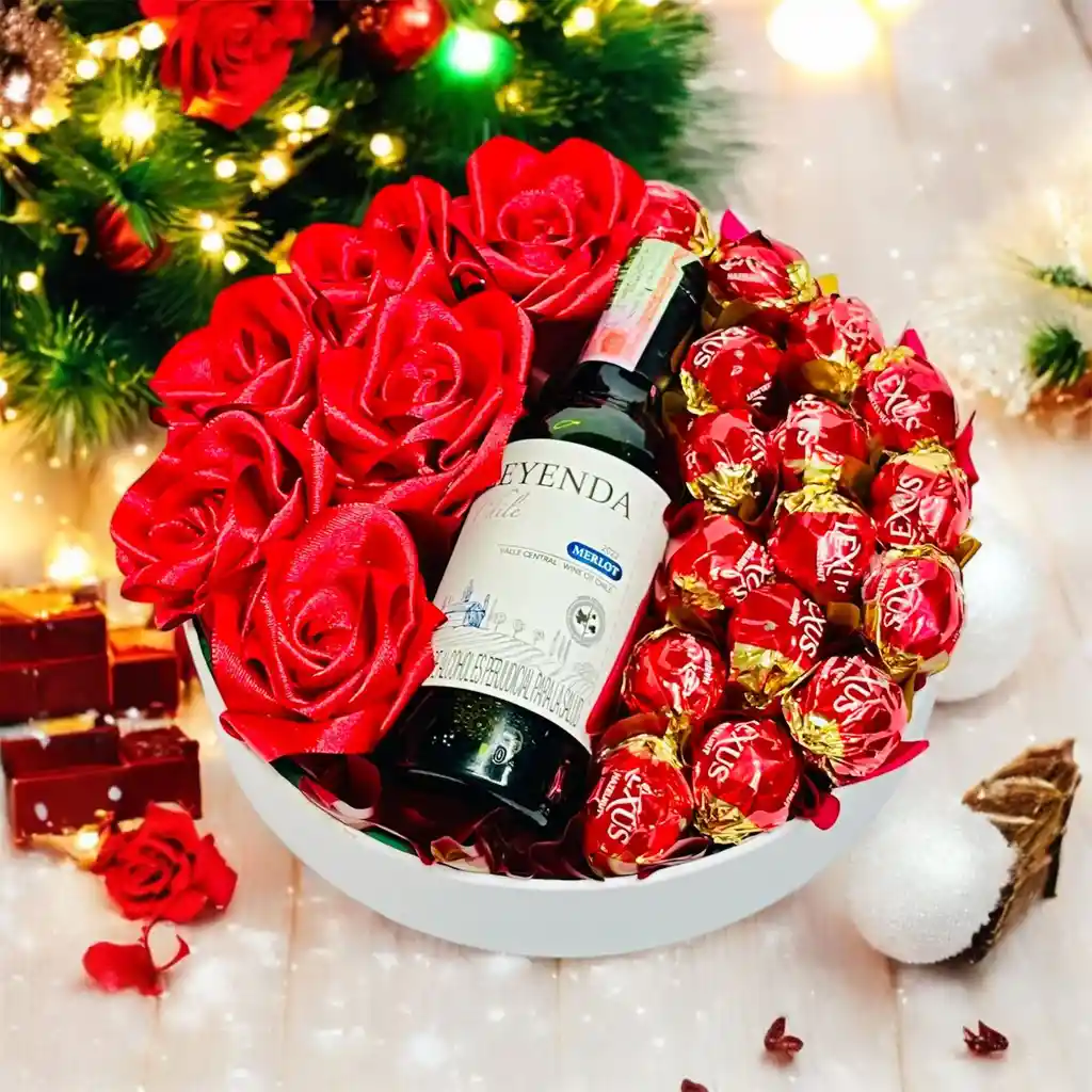 Regalo De Navidad - Corona De Chocolates, Vino Y Rosas Rojas - - Regalo De Aguinaldos - Feliz Año Nuevo - Ancheta De Navidad - Ref 48