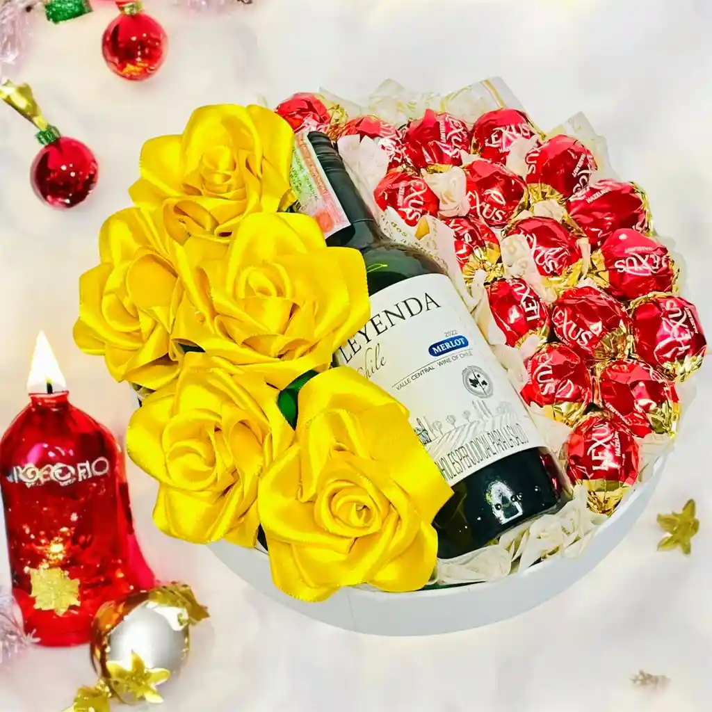 Regalo De Navidad - Corona De Chocolates, Vino Y Rosas Amarillas- Regalo De Aguinaldos - Feliz Año Nuevo - Ancheta De Navidad - Ref 50