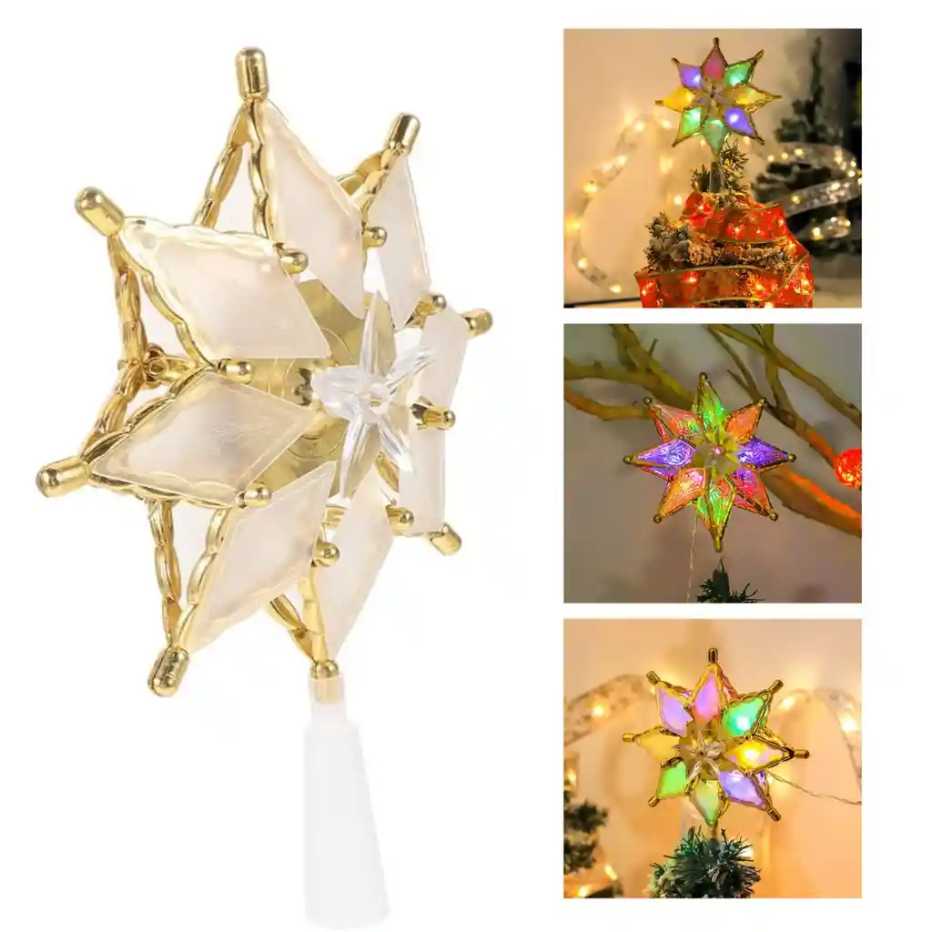 Estrella 8 Puntas Para Árbol De Navidad Grande Luz Led Multicolor Borde Dorada