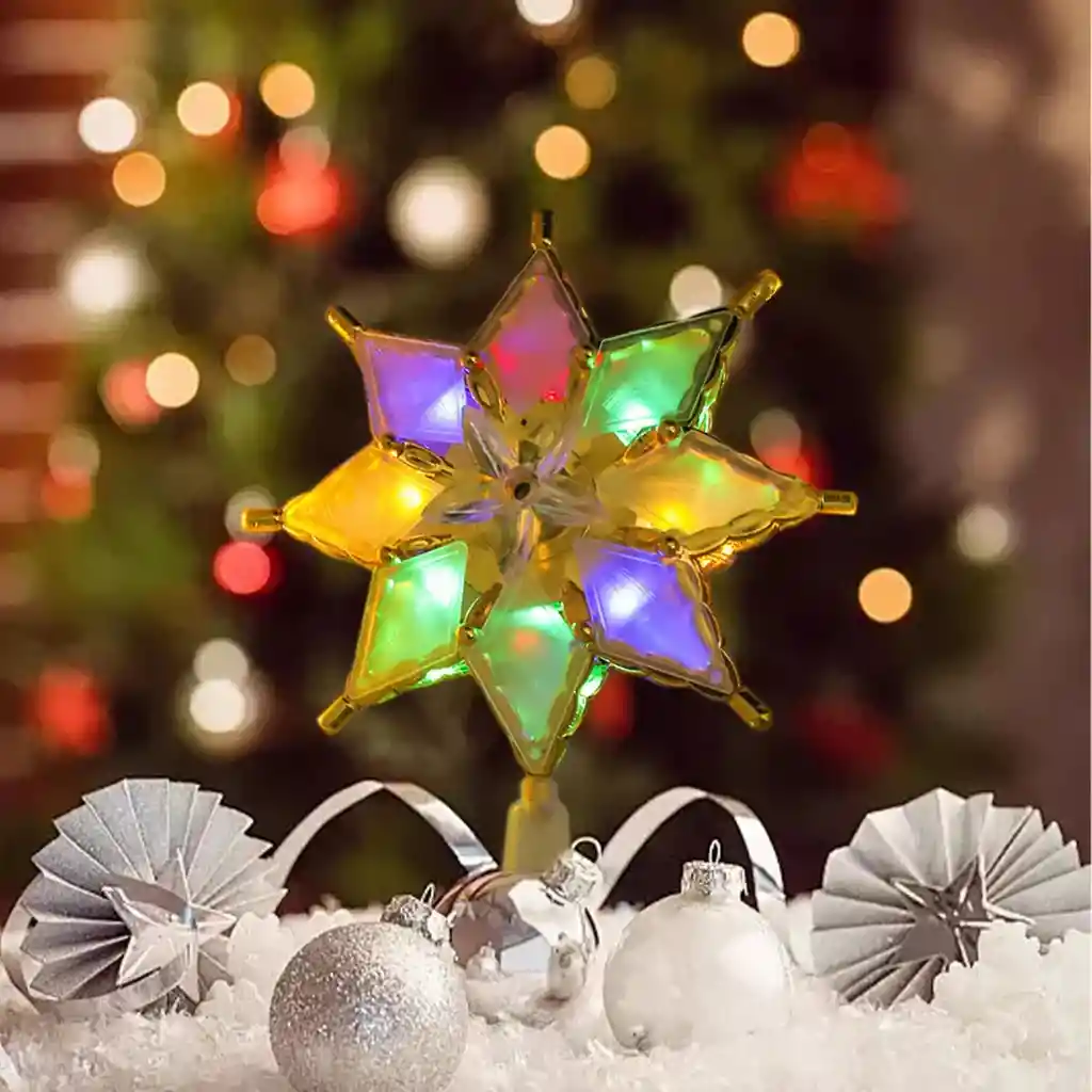 Estrella 8 Puntas Para Árbol De Navidad Grande Luz Led Multicolor Borde Dorada