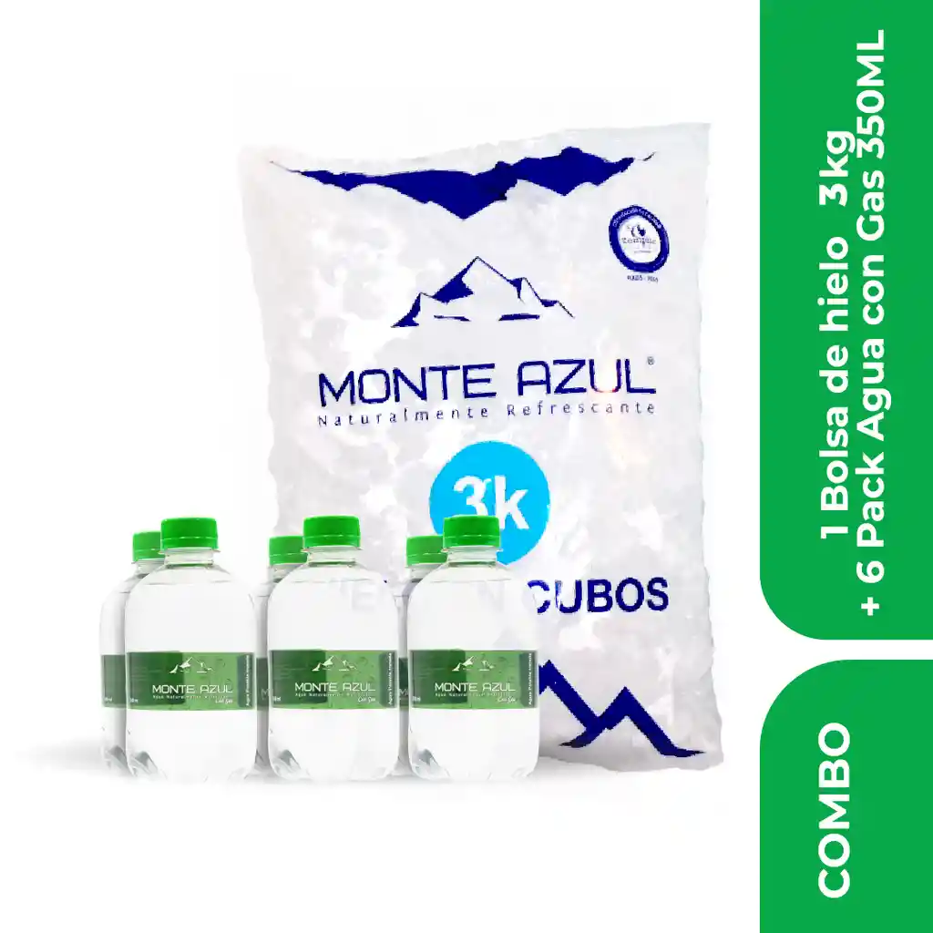 Combo Six Pack Agua Gas 350 Ml + Bolsa Hielo 3kg