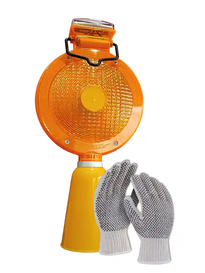Señalización Luminosa O Flasher Circular Solar Para Cono + Guante De Hilo Y Puntos Pvc