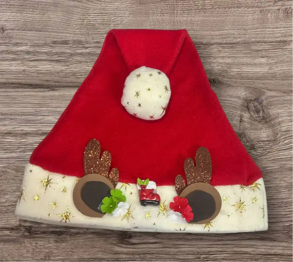 Gorro Navideño En Peluche Con Estrellas Flores Y Cuernos Decoracion 3d