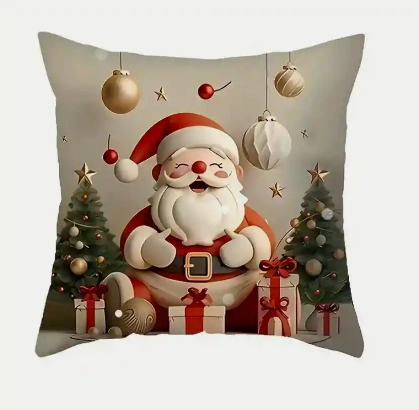 Funda Para Cojín De Navidad Papá Noel En Tela Lino Grueso 45cm