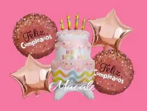 Bouquet X5 Globos Metálizados Pastel Con Velitas Feliz Cumpleaños