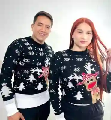 Saco Negro Talla Xl Reno Borde Blanco Navideño Lana Tejido Navidad