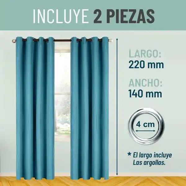 Cortina Blackout 100% Anti Luz, 2 Paños 140x220 Textura Lino - Turquesa