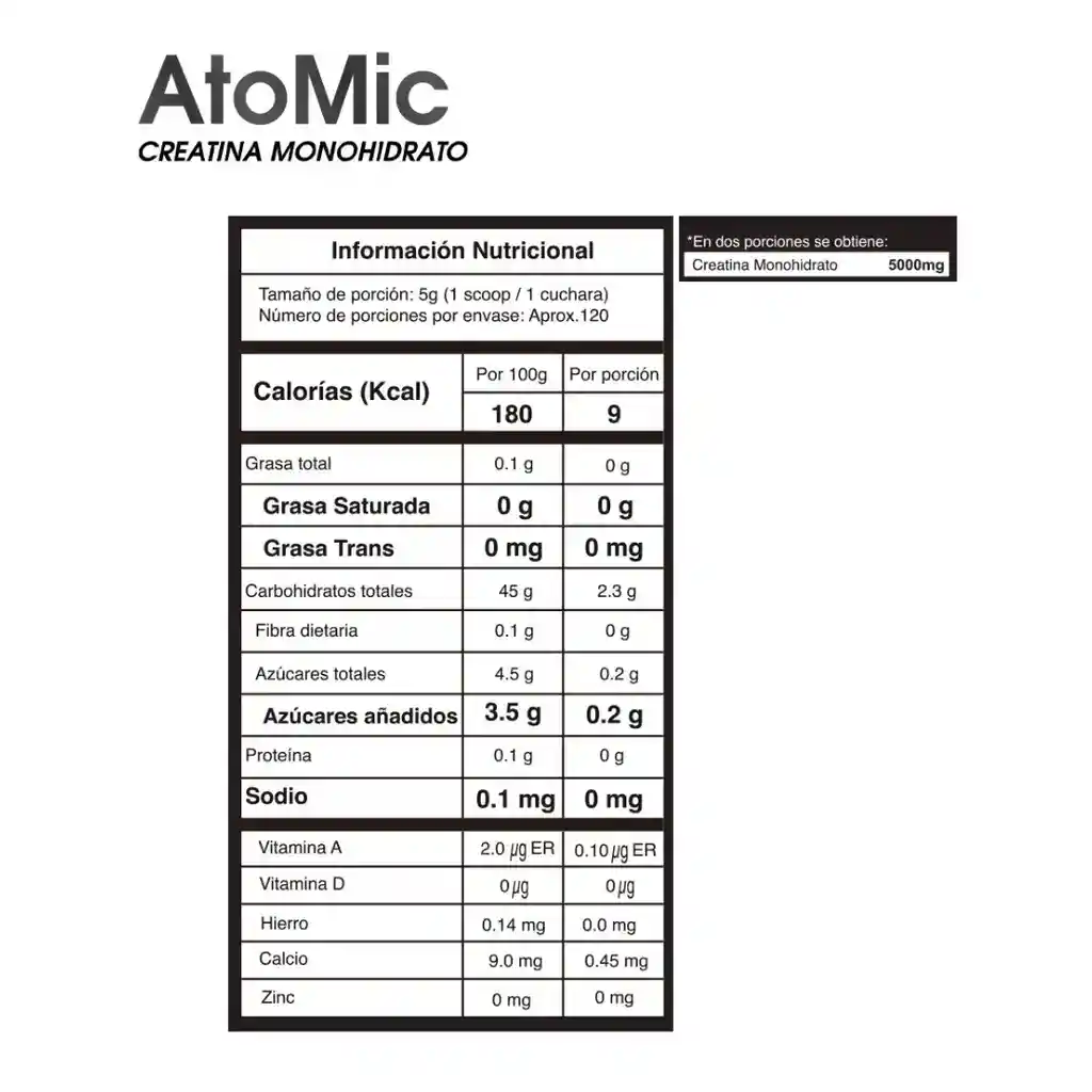 Creatina Monohidratada Atomic 120 Servicios