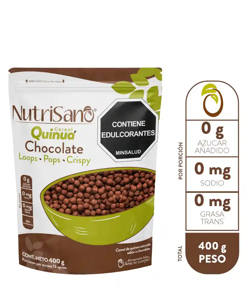 Cereal Quinua Pops Chocolate Nutrisano 400 Gr