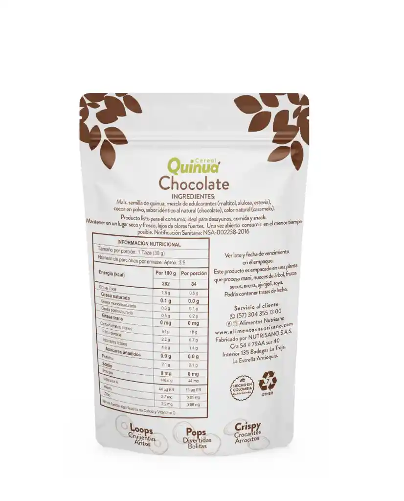 Cereal Quinua Pops Chocolate Nutrisano 100 Gr